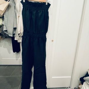 Linen wide leg strapless jumpsuit, black